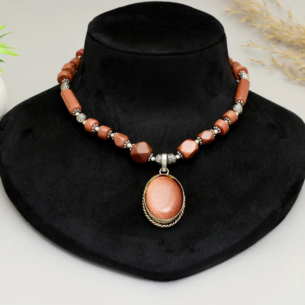 Brown Brass Sun Sitara Stone Oval Heart Shape Handmade Necklace Set With Earring for Women