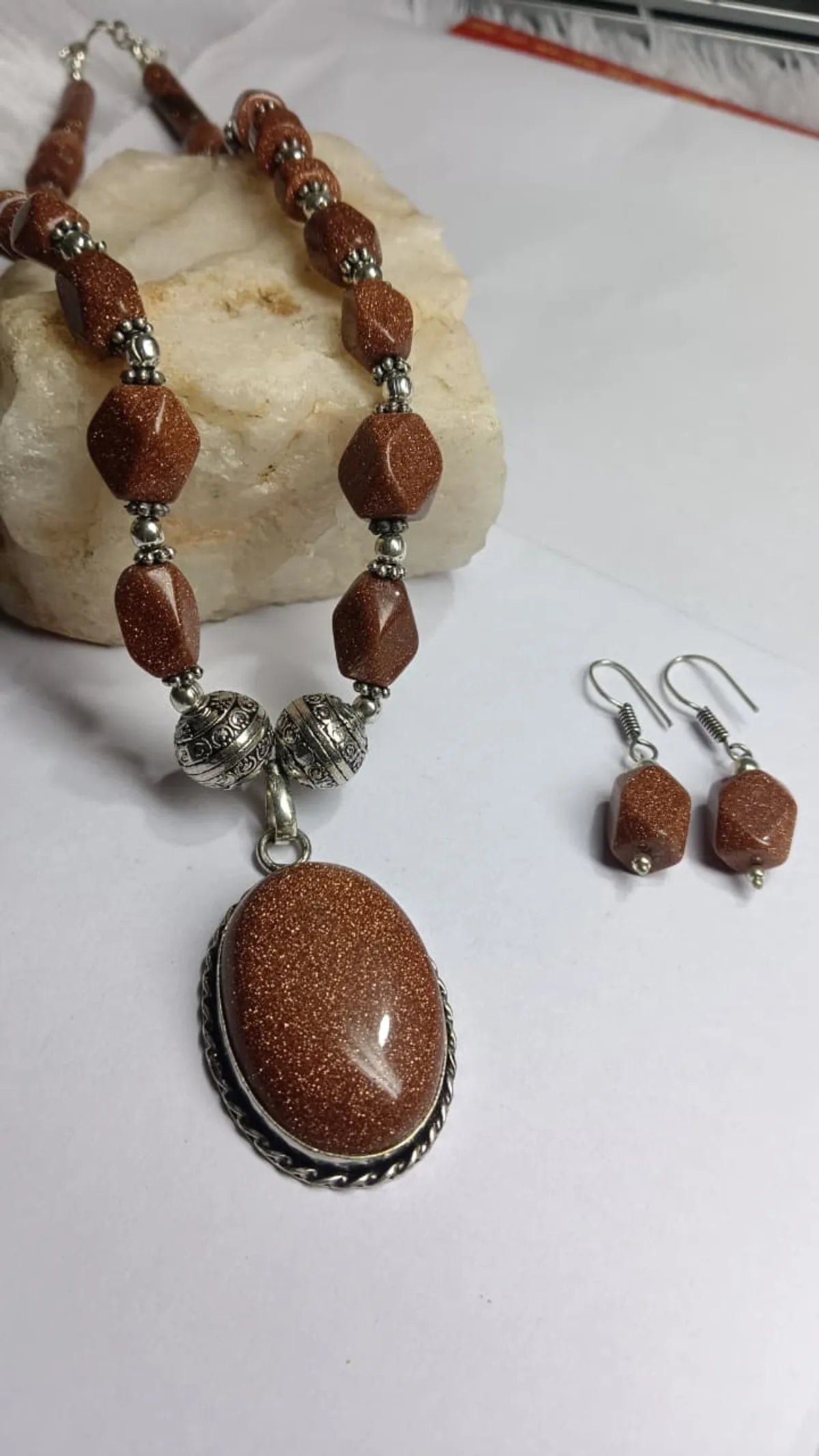 Brown Brass Sun Sitara Stone Oval Heart Shape Handmade Necklace Set With Earring for Women
