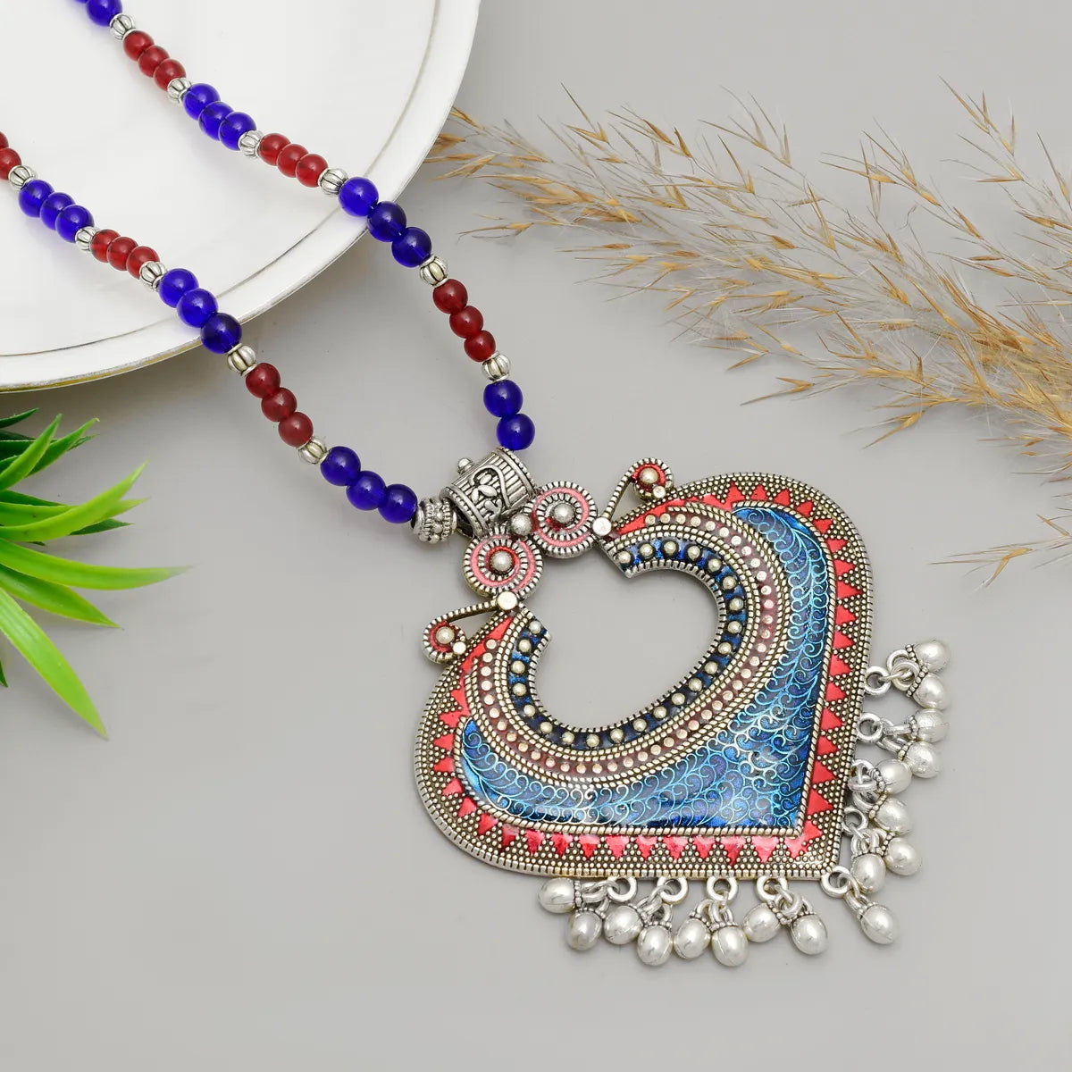 Blue Brass Heart Shape Stone Necklace for Women