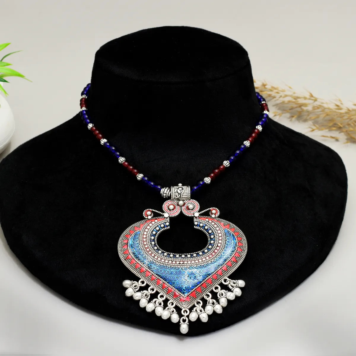 Blue Brass Heart Shape Stone Necklace for Women