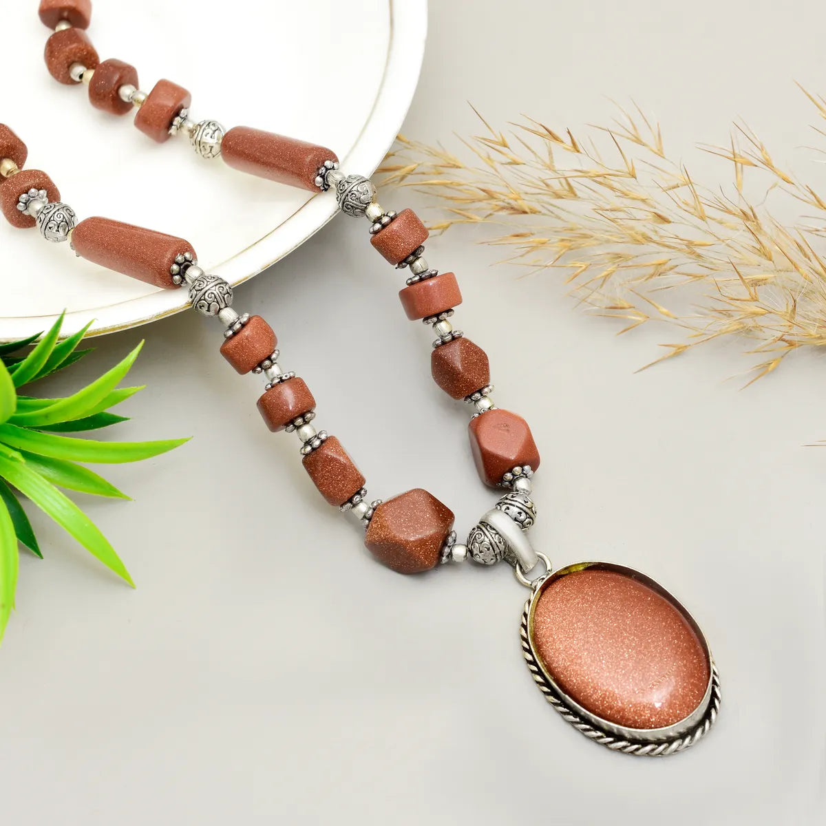 Brown Brass Sun Sitara Stone Oval Heart Shape Handmade Necklace Set With Earring for Women