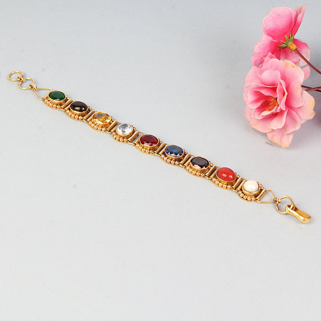Exquisite Handcrafted Gold-Plated Original Navratna Statement Bracelet – Timeless Artisanal Elegance and Astrological Power for Divine Prosperity and Protection