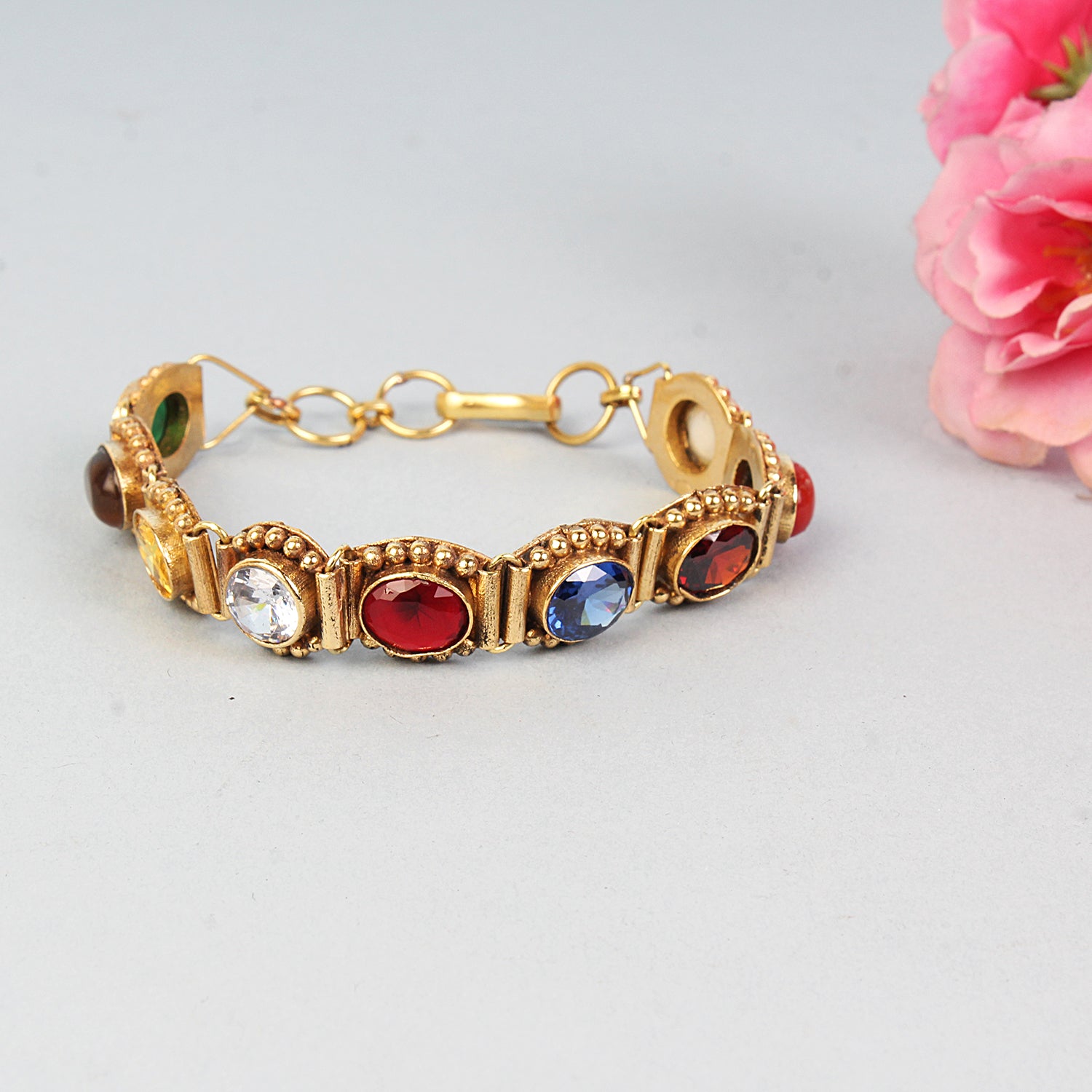 Exquisite Handcrafted Gold-Plated Original Navratna Statement Bracelet – Timeless Artisanal Elegance and Astrological Power for Divine Prosperity and Protection