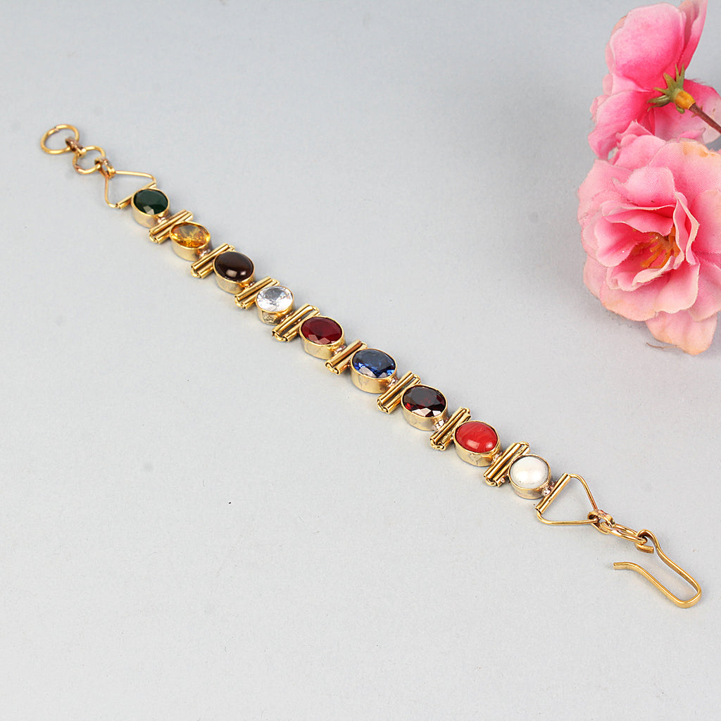 Exquisite Handcrafted Gold-Plated Original Navratna Statement Bracelet – Timeless Artisanal Elegance and Astrological Power for Divine Prosperity and Protection