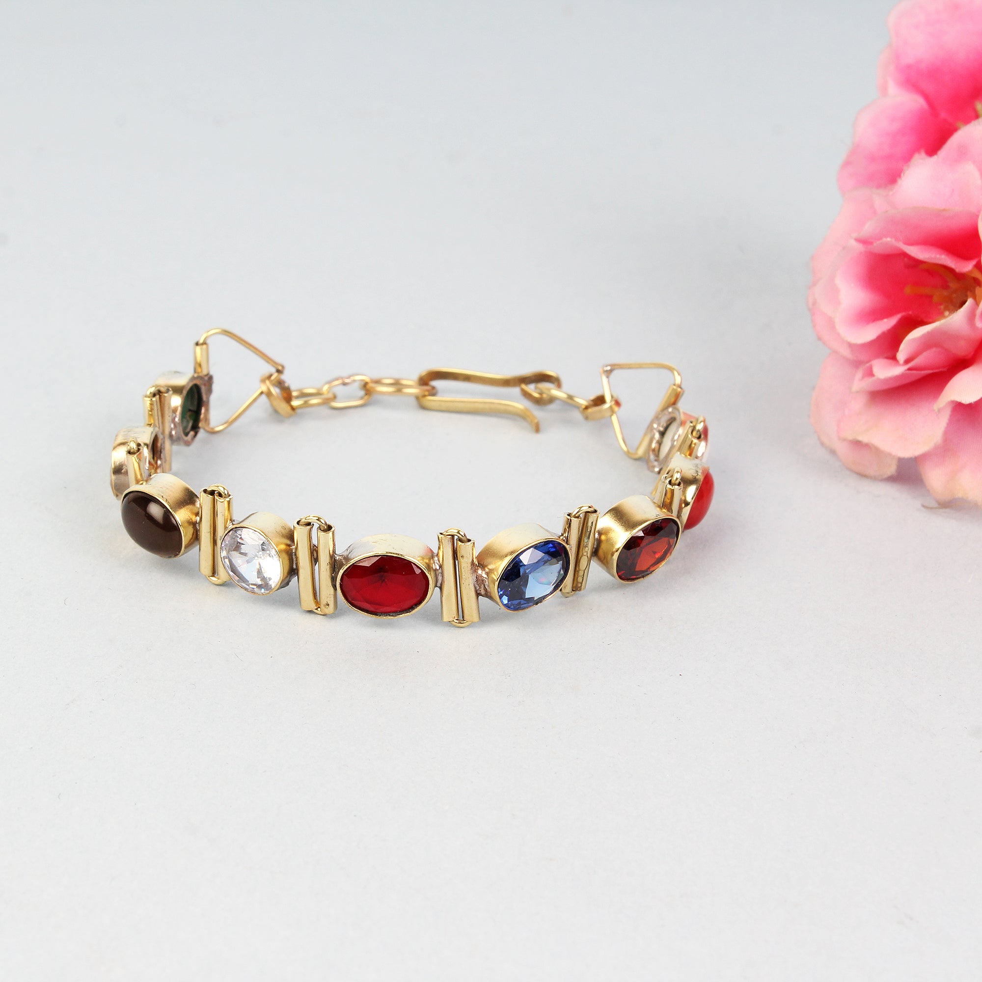 Exquisite Handcrafted Gold-Plated Original Navratna Statement Bracelet – Timeless Artisanal Elegance and Astrological Power for Divine Prosperity and Protection