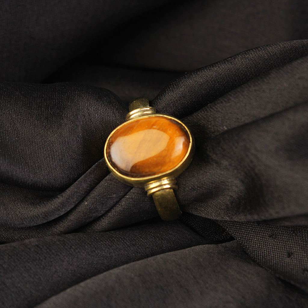 Handmade Oval Tiger’s Eye Gold-Plated Statement adjustable Ring for man and women