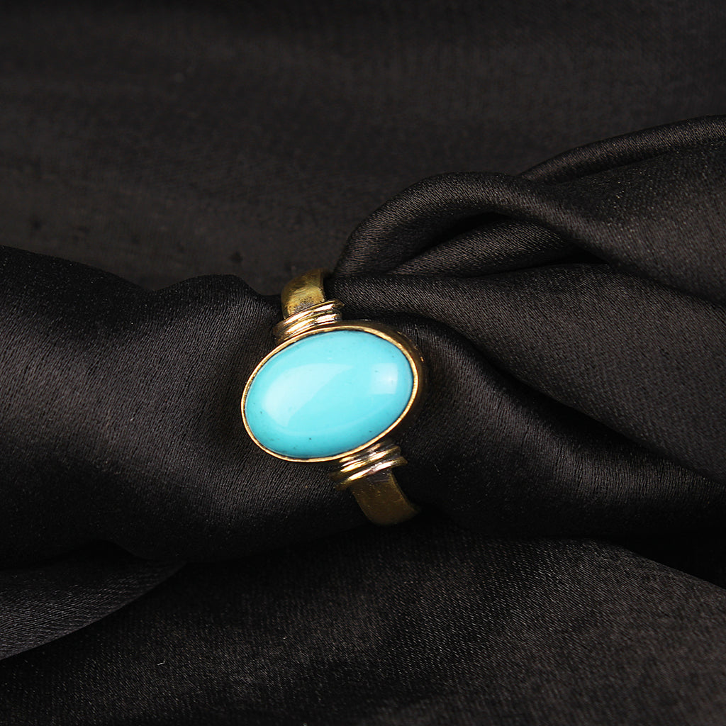 Handmade Gold-Plated Natural Turquoise (Firoza) Statement Ring Oval Sleeping Beauty Turquoise Bezel Ring for Men & Women Astrological Birthstone Jewelry Adjustable Size