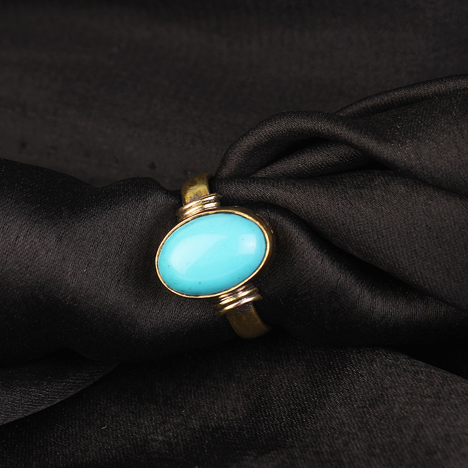Handmade Gold-Plated Natural Turquoise (Firoza) Statement Ring Oval Sleeping Beauty Turquoise Bezel Ring for Men & Women Astrological Birthstone Jewelry Adjustable Size