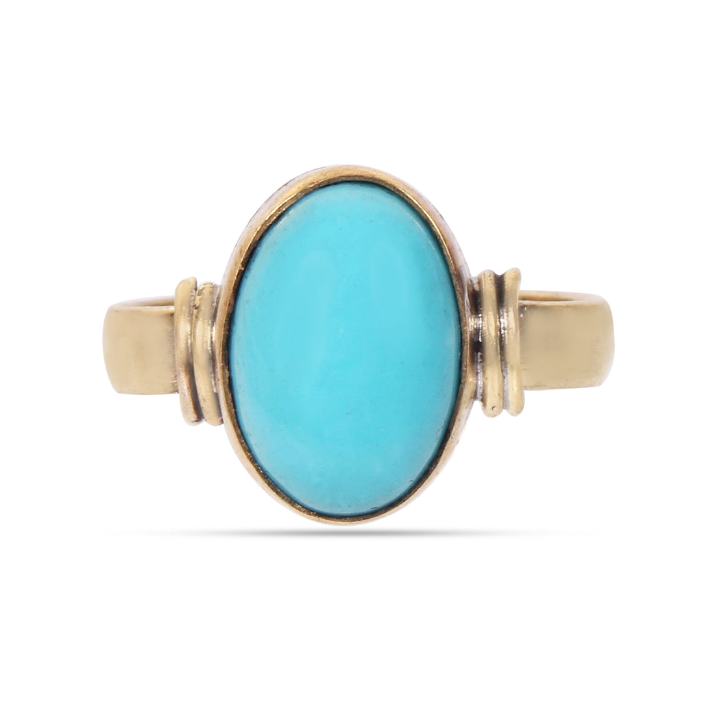 Handmade Gold-Plated Natural Turquoise (Firoza) Statement Ring Oval Sleeping Beauty Turquoise Bezel Ring for Men & Women Astrological Birthstone Jewelry Adjustable Size