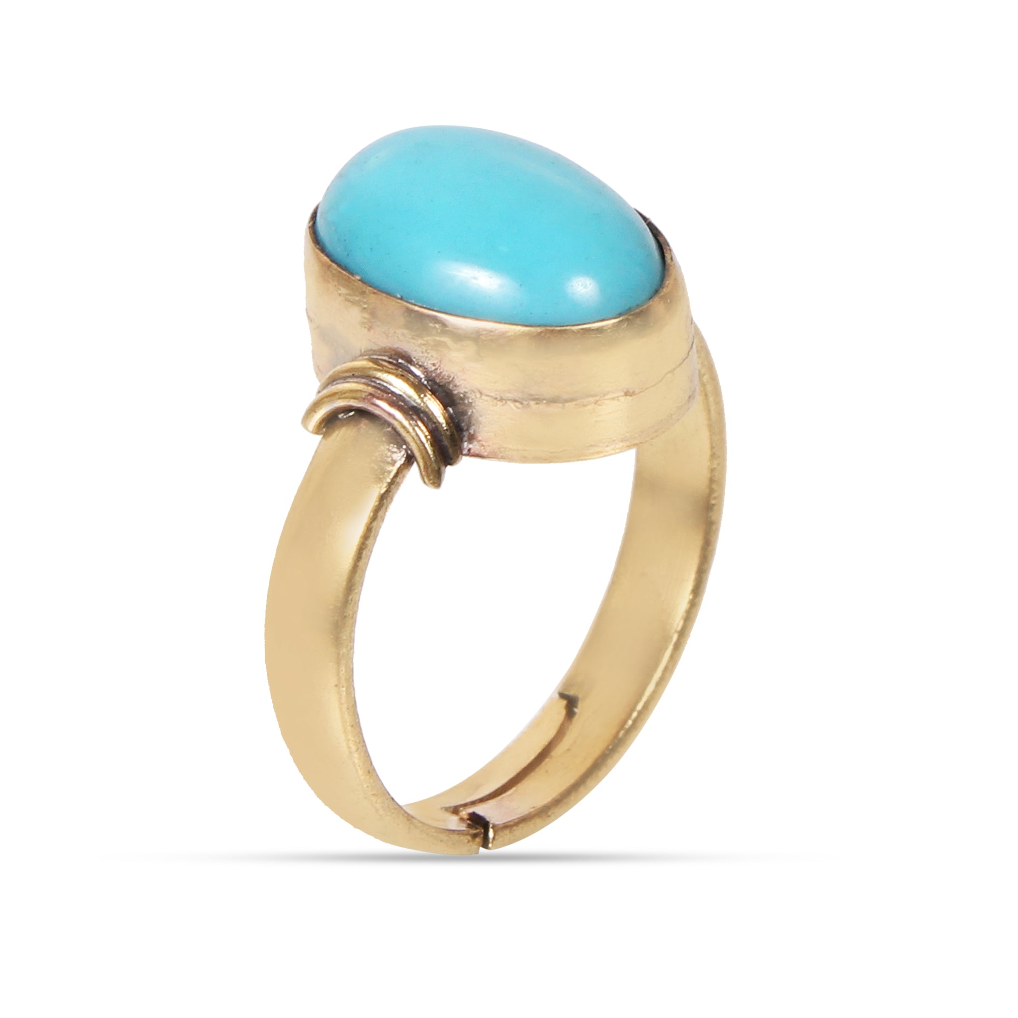 Handmade Gold-Plated Natural Turquoise (Firoza) Statement Ring Oval Sleeping Beauty Turquoise Bezel Ring for Men & Women Astrological Birthstone Jewelry Adjustable Size