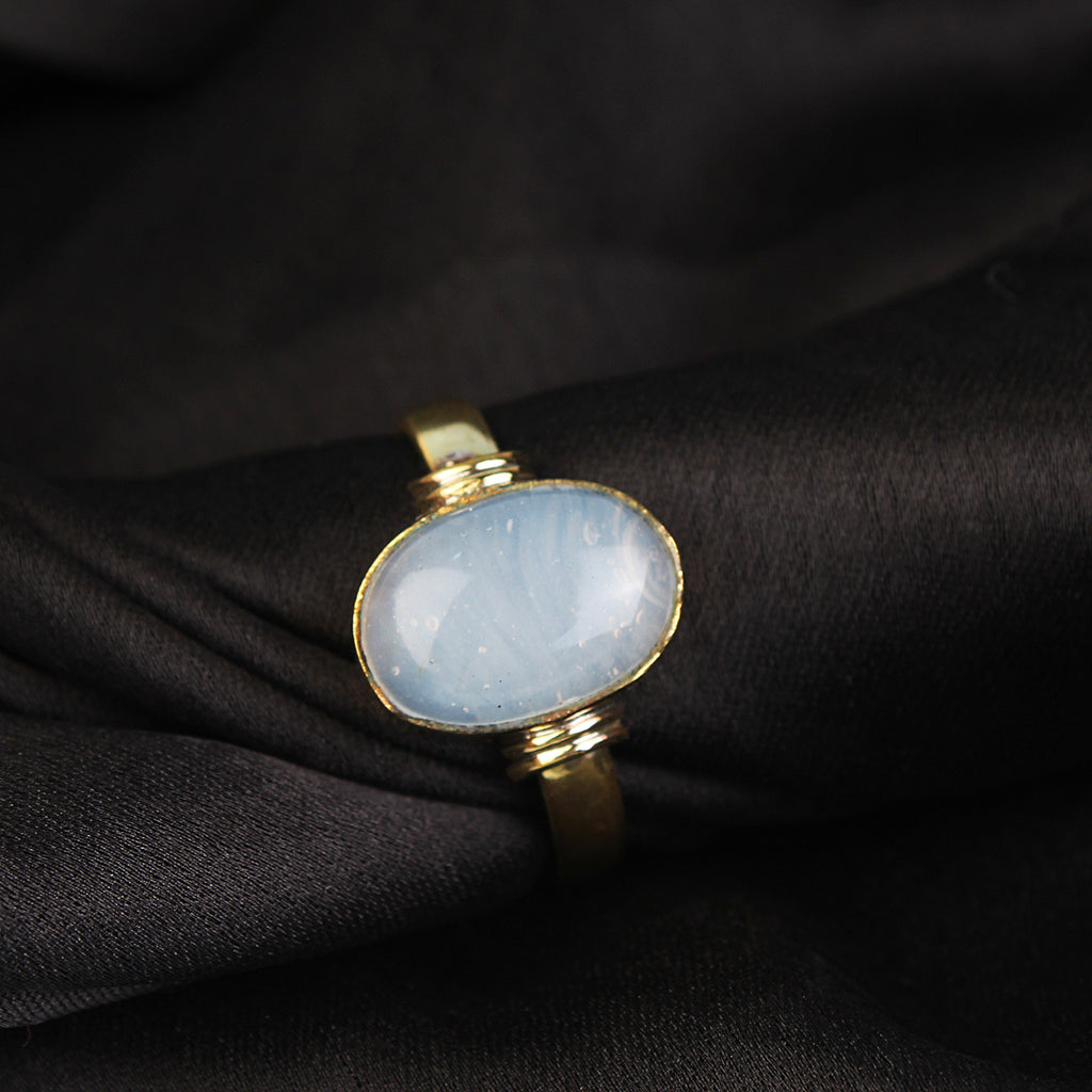 Handmade Oval Aquamarine Gold-Plated Statement Ring Natural Pale Blue Gemstone Boho Jewelry Adjustable Bezel-Set Artisan Ring for Unisex