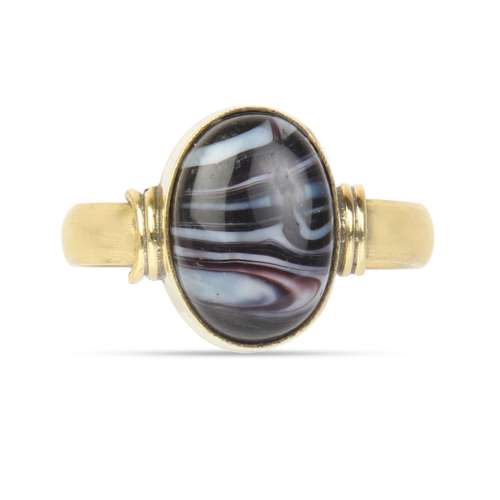 Handcrafted Oval Black Sulemani Hakik Gold-Plated Statement Ring Natural Banded Agate Astrological Jewelry Adjustable Unisex Protective Amulet Ring