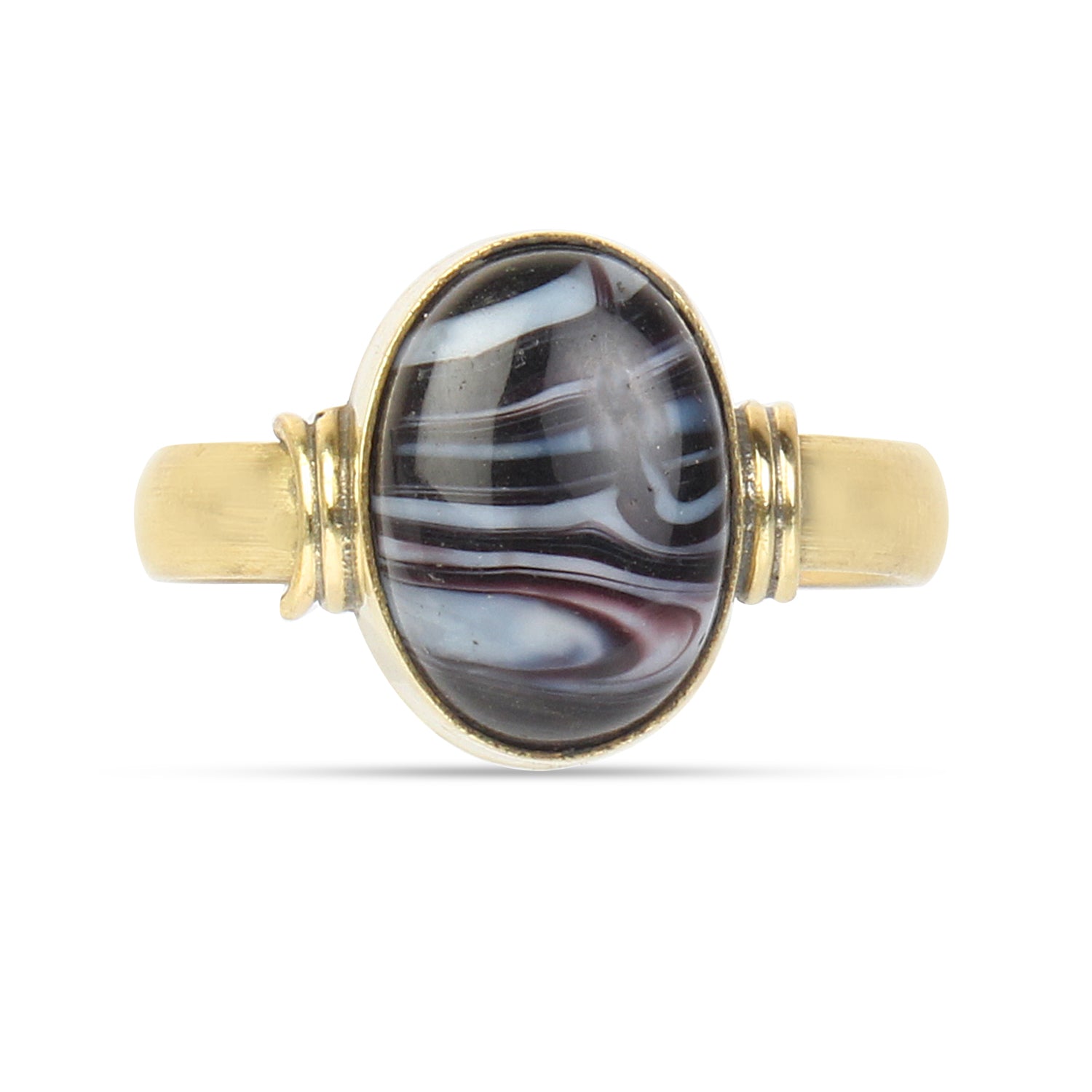 Handcrafted Oval Black Sulemani Hakik Gold-Plated Statement Ring Natural Banded Agate Astrological Jewelry Adjustable Unisex Protective Amulet Ring