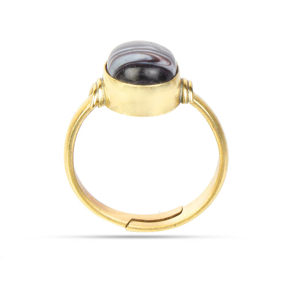 Handcrafted Oval Black Sulemani Hakik Gold-Plated Statement Ring Natural Banded Agate Astrological Jewelry Adjustable Unisex Protective Amulet Ring