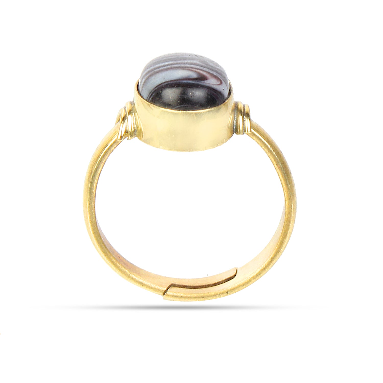 Handcrafted Oval Black Sulemani Hakik Gold-Plated Statement Ring Natural Banded Agate Astrological Jewelry Adjustable Unisex Protective Amulet Ring