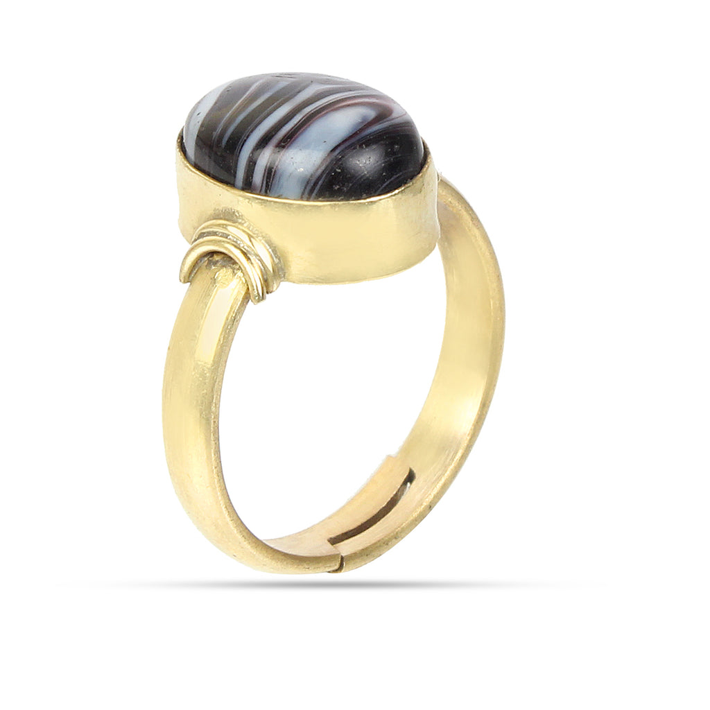 Handcrafted Oval Black Sulemani Hakik Gold-Plated Statement Ring Natural Banded Agate Astrological Jewelry Adjustable Unisex Protective Amulet Ring