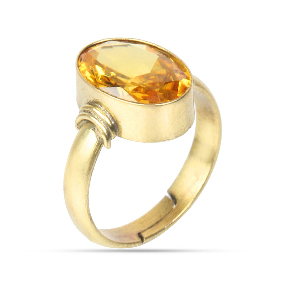 Natural Yellow Sapphire (Pukhraj) Adjustable Ring Handcrafted Gold Plated Panchdhatu Astrological Jewelry for unisex