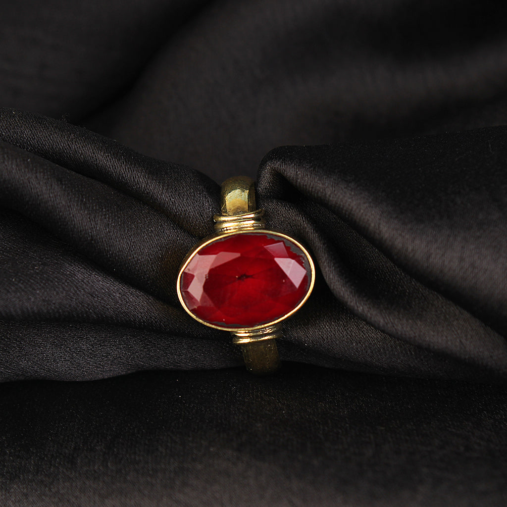 Premium Natural Ruby (Manik) Gemstone Ring in Gold-Plated Panchdhatu – Oval, Adjustable Birthstone Ring for Vedic Astrology (Men & Women)