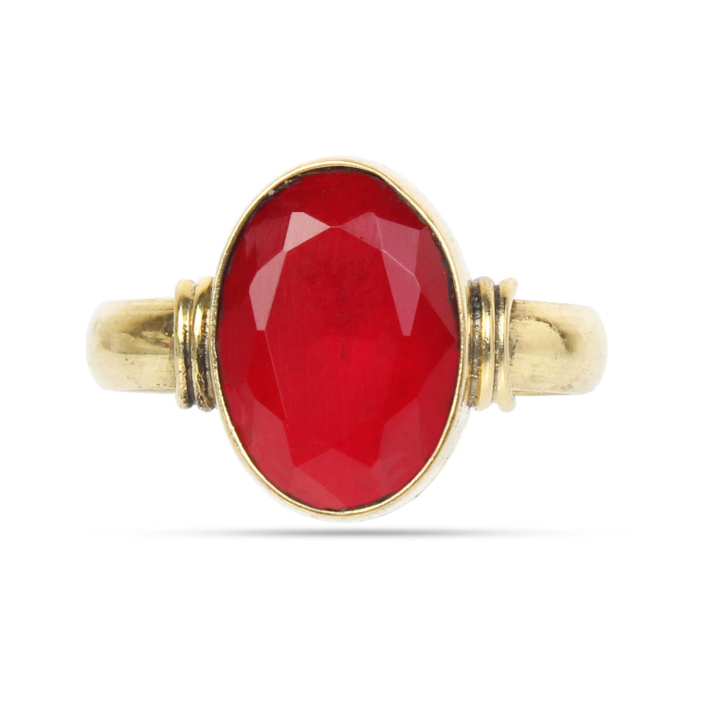 Premium Natural Ruby (Manik) Gemstone Ring in Gold-Plated Panchdhatu – Oval, Adjustable Birthstone Ring for Vedic Astrology (Men & Women)