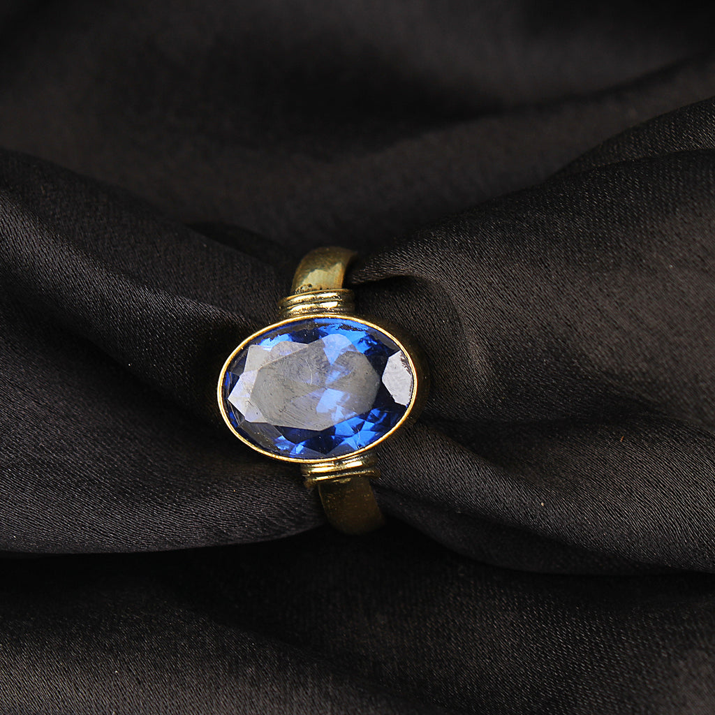 Natural Blue Sapphire (Neelam) Gemstone Ring in Gold-Plated Panchdhatu – Oval Cut, Astrological Adjustable Birthstone Ring for Men and Women (Unisex)