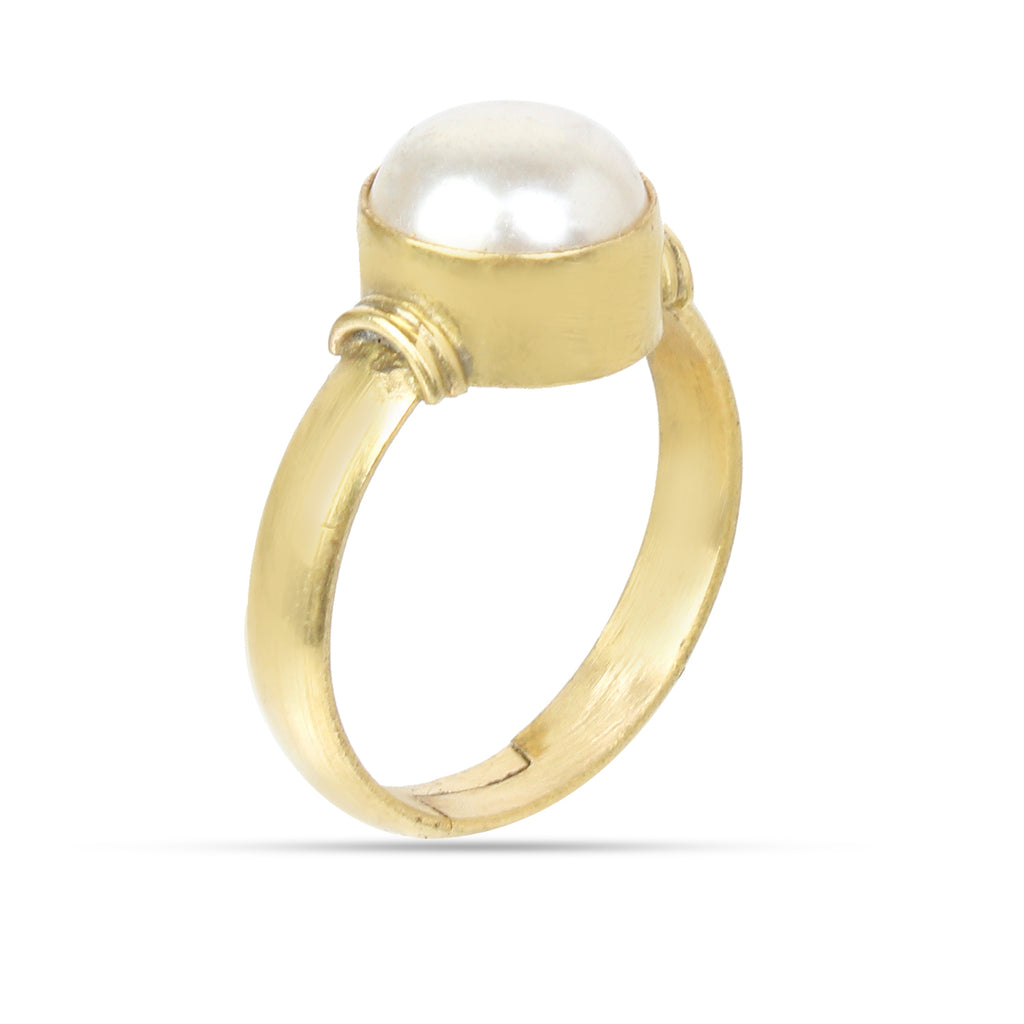Natural Pearl (Moti) Gemstone Ring in Gold-Plated Panchdhatu – Smooth Round Cut, Adjustable Birthstone Ring for Peace of Mind & Vedic Astrology (Men & Women)