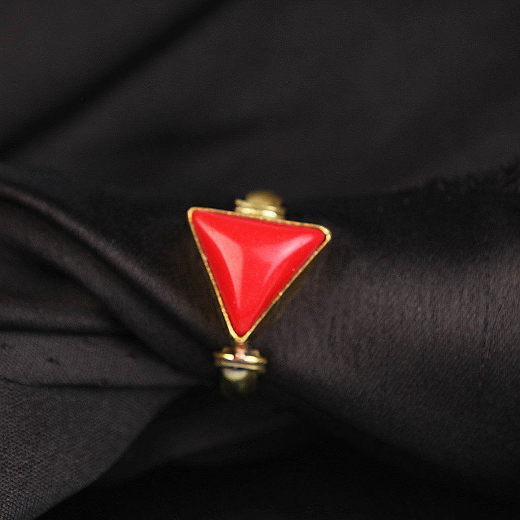 Astrology Triangular Red Coral Unisex Ring – Natural Energized Munga Gemstone, Adjustable Gold-Finish Band, Protective Birthstone for Confidence, Wealth, and Marital Harmony