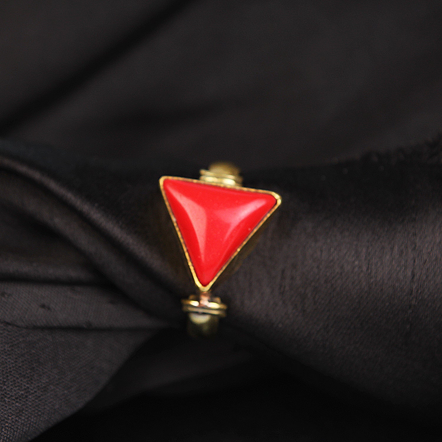 Astrology Triangular Red Coral Unisex Ring – Natural Energized Munga Gemstone, Adjustable Gold-Finish Band, Protective Birthstone for Confidence, Wealth, and Marital Harmony