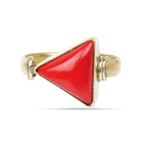 Astrology Triangular Red Coral Unisex Ring – Natural Energized Munga Gemstone, Adjustable Gold-Finish Band, Protective Birthstone for Confidence, Wealth, and Marital Harmony