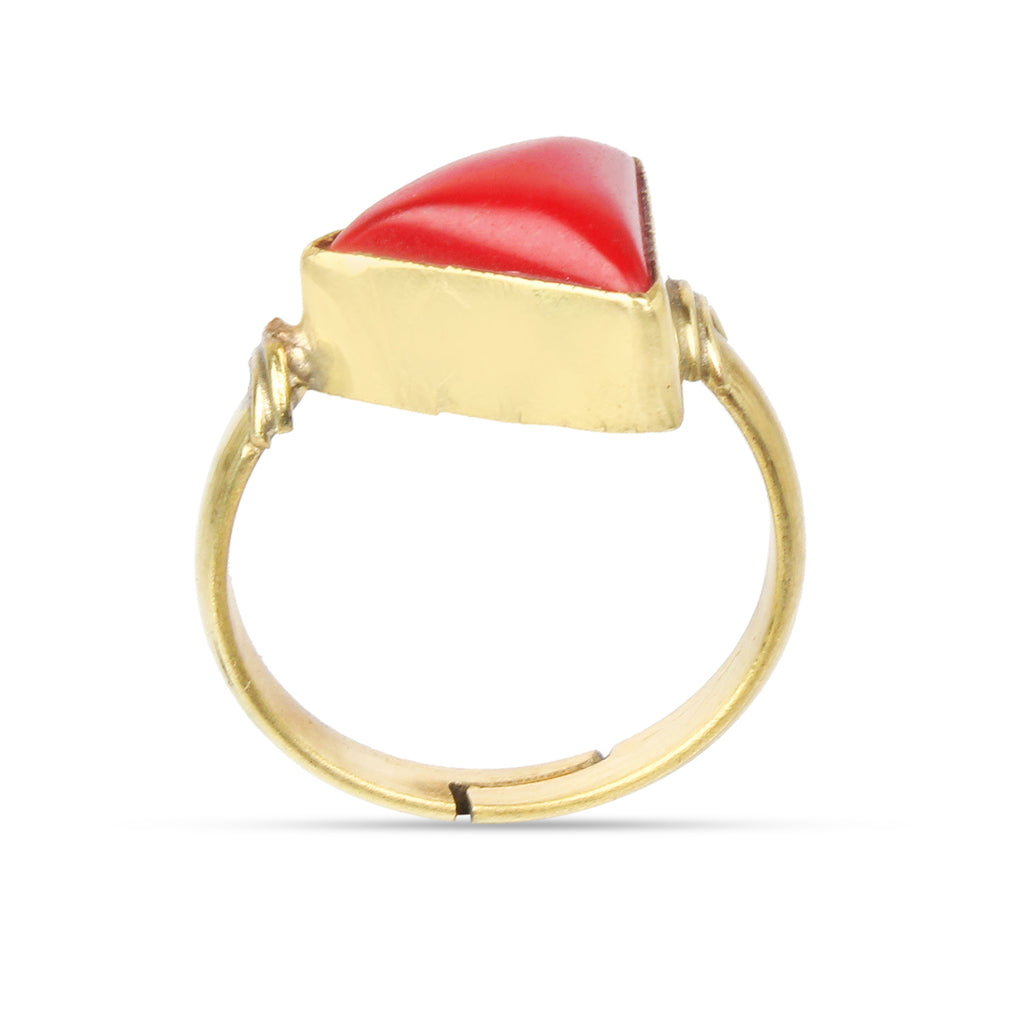 Astrology Triangular Red Coral Unisex Ring – Natural Energized Munga Gemstone, Adjustable Gold-Finish Band, Protective Birthstone for Confidence, Wealth, and Marital Harmony