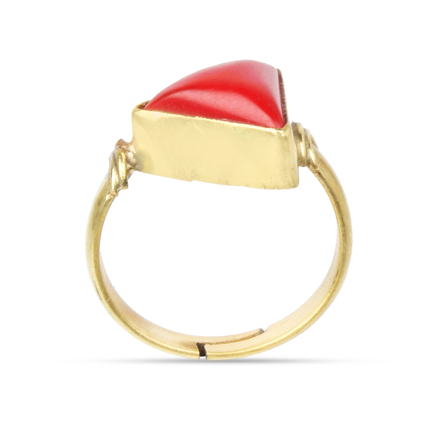 Astrology Triangular Red Coral Unisex Ring – Natural Energized Munga Gemstone, Adjustable Gold-Finish Band, Protective Birthstone for Confidence, Wealth, and Marital Harmony