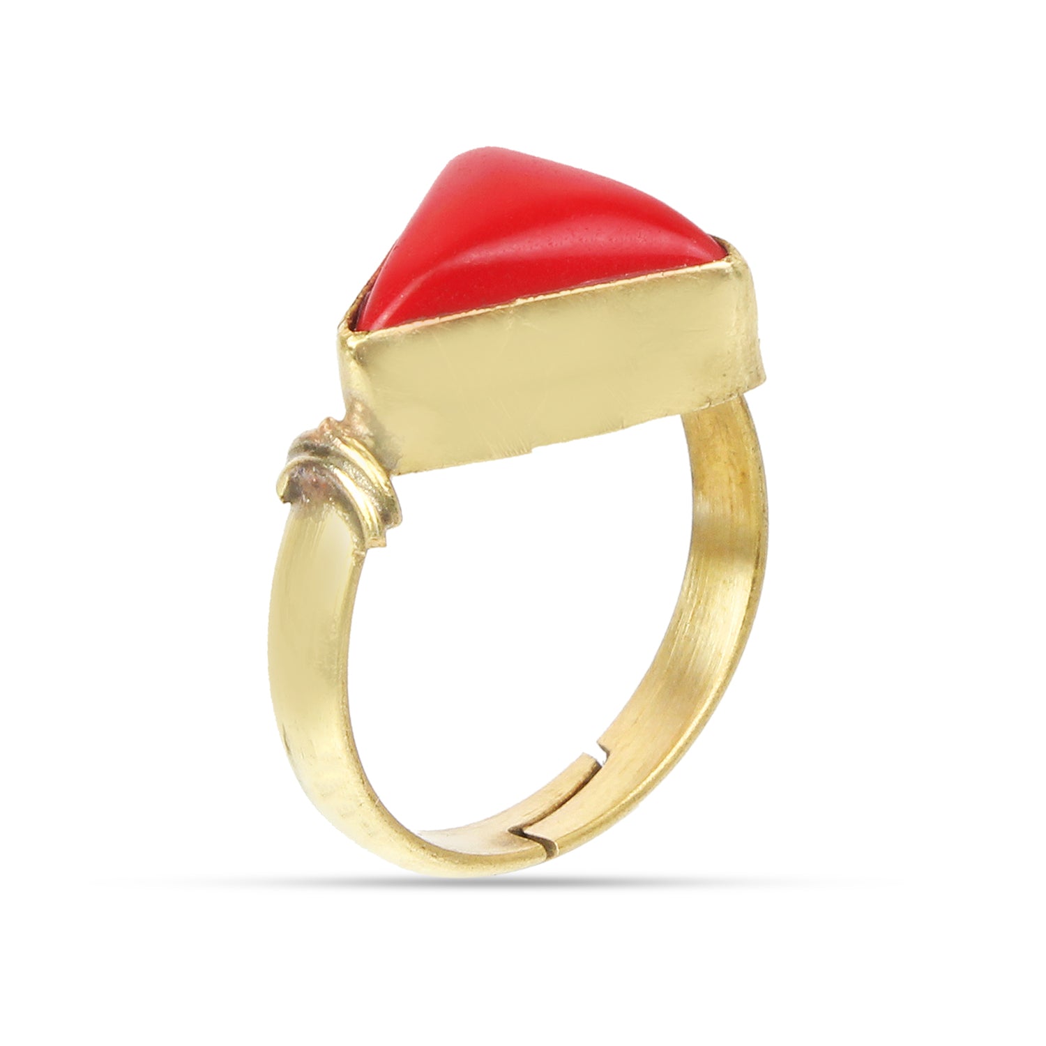 Astrology Triangular Red Coral Unisex Ring – Natural Energized Munga Gemstone, Adjustable Gold-Finish Band, Protective Birthstone for Confidence, Wealth, and Marital Harmony