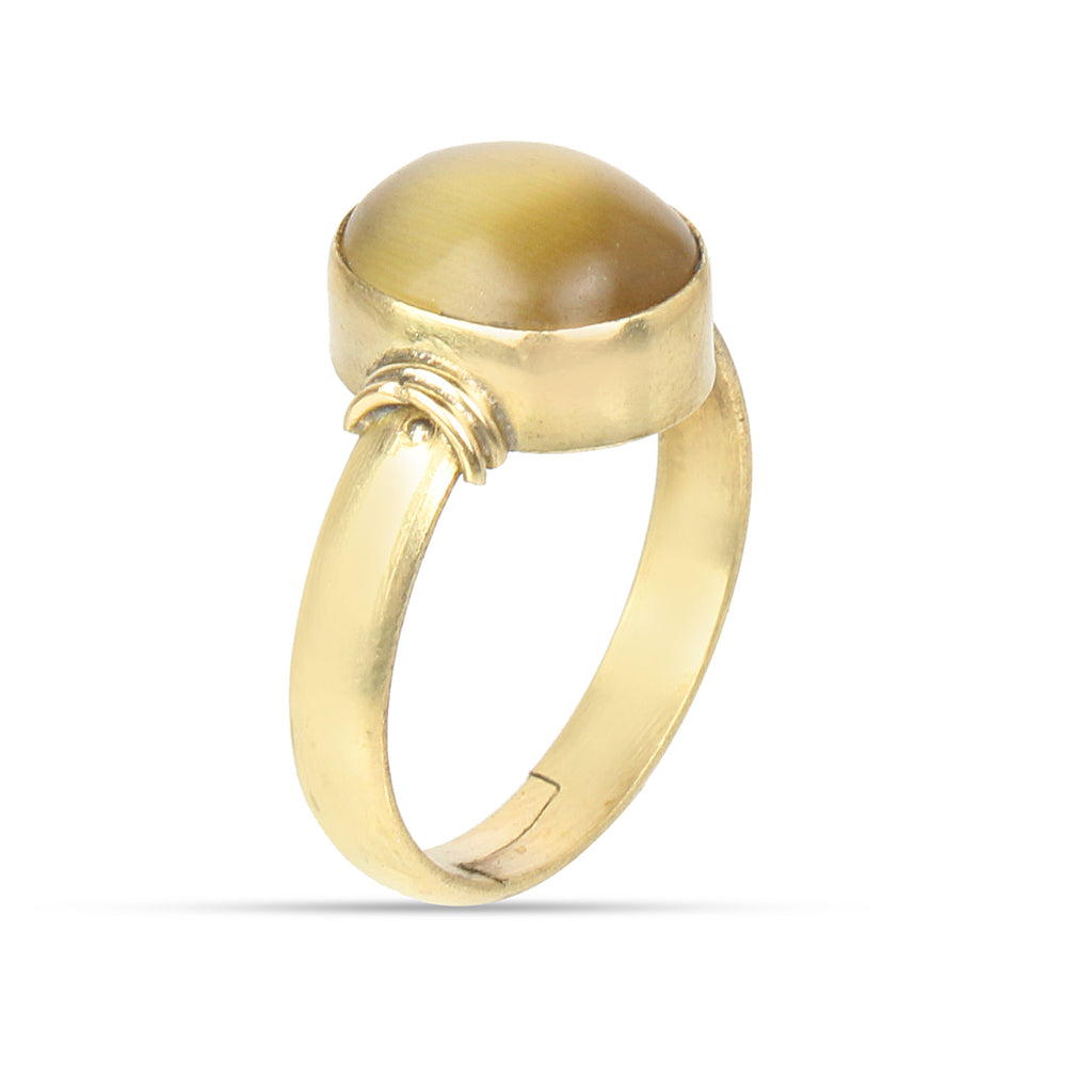 Premium Natural Cat’s Eye (Lehsunia) Gemstone Ring in Gold-Plated Chrysoberyl Cabochon, Adjustable Astrological Birthstone Ring for Ketu Remedies (Men & Women)
