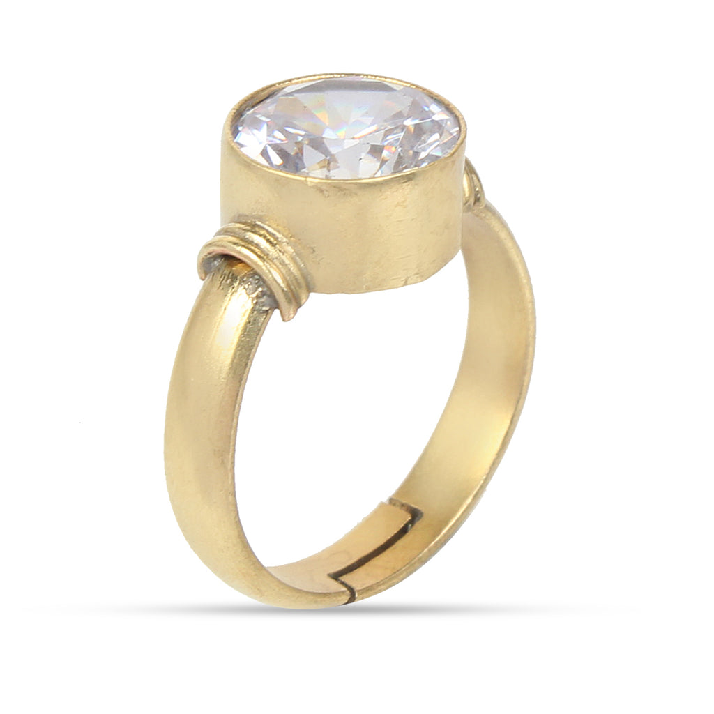 Premium Natural White Zircon (Jarkan) Gemstone Gold-Plated Ring Brilliant Round Cut, Adjustable Astrological Birthstone Ring for Venus (Men & Women)