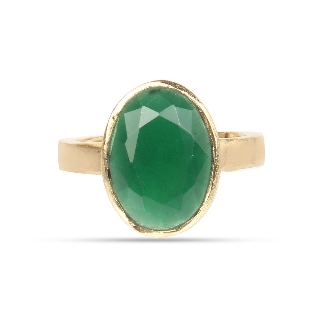 Natural Emerald (Panna) Gemstone Gold-Plated Ring Panchdhatu Oval Faceted Cut, Adjustable Astrological Birthstone Ring for Mercury (Men & Women)