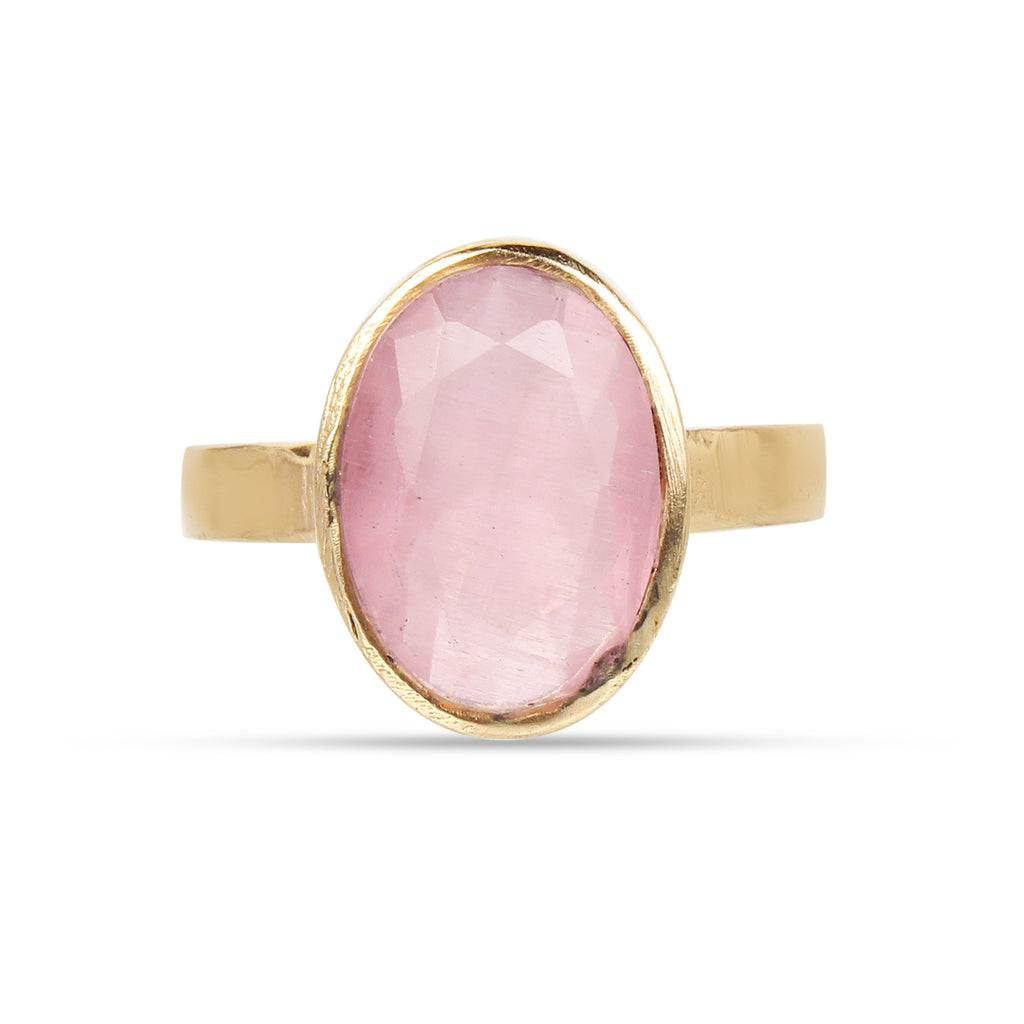 Premium Natural Rose Quartz (Pink Quartz) Gemstone Gold Plated Ring Panchdha Oval Faceted Cut, Adjustable Healing Birthstone Ring for Love and Peace (Men & Women)
