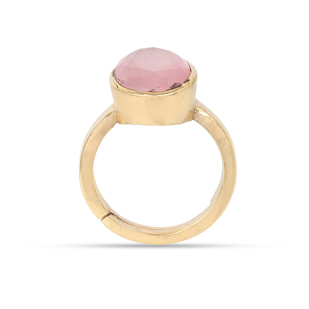Premium Natural Rose Quartz (Pink Quartz) Gemstone Gold Plated Ring Panchdha Oval Faceted Cut, Adjustable Healing Birthstone Ring for Love and Peace (Men & Women)