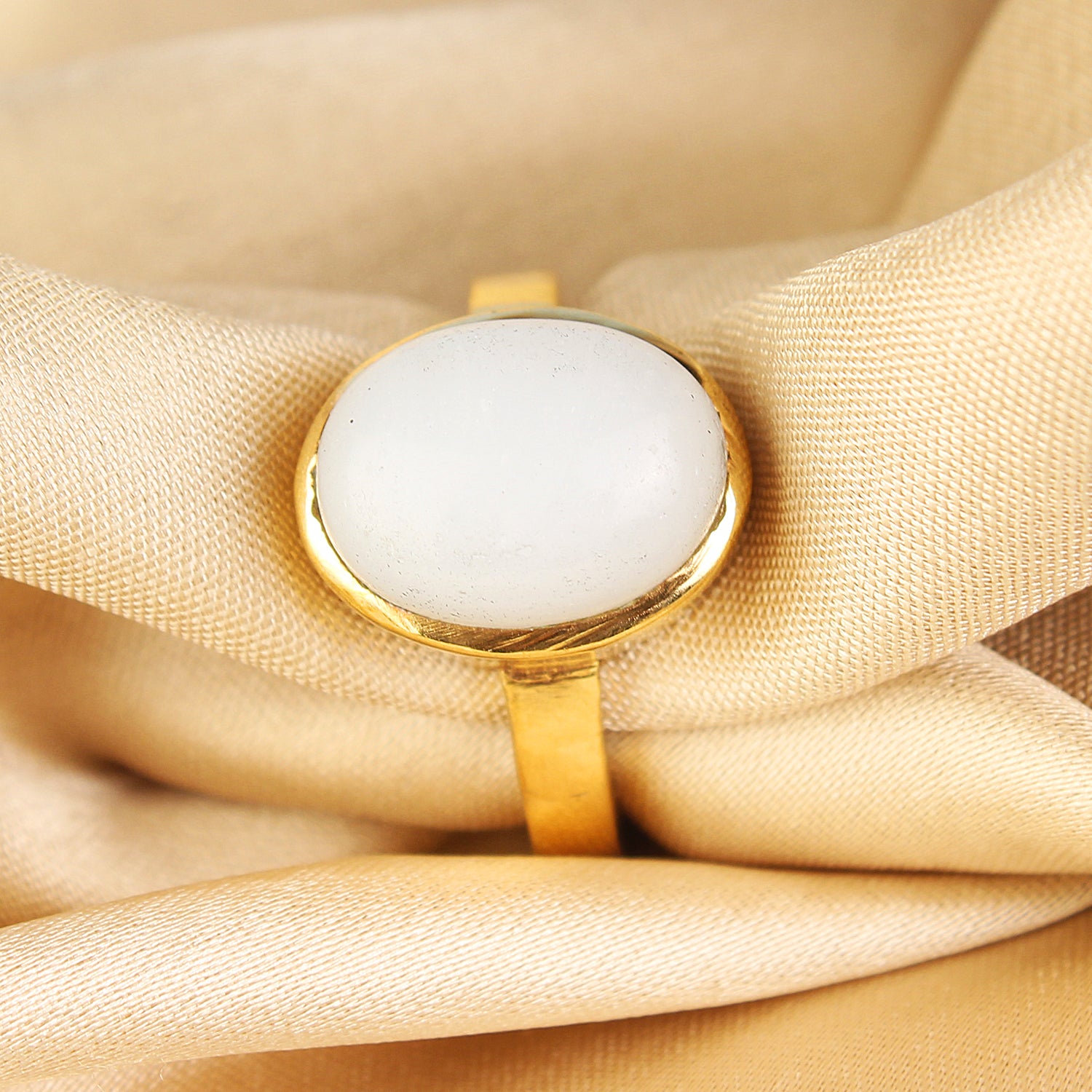 Natural White Opal (or Moonstone) Gemstone Gold-Plated Ring Panchdhatu Oval Cut, Adjustable Vedic Astrology Birthstone Ring for Men & Women