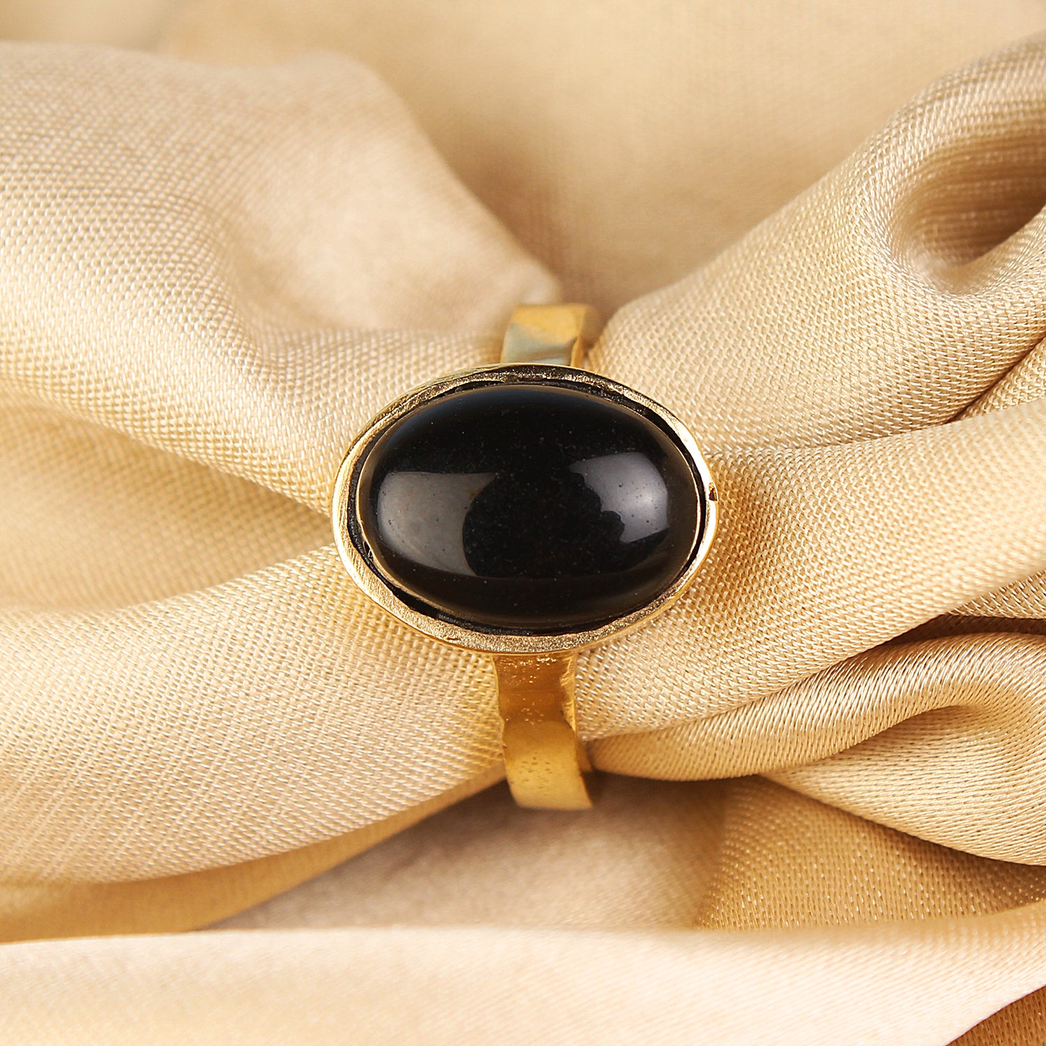 Natural Black Onyx (Sulemani Hakik) Gold-Plated Panchdhatu Ring Oval Cabochon, Adjustable Astrological Birthstone Ring for Protection (Men & Women)