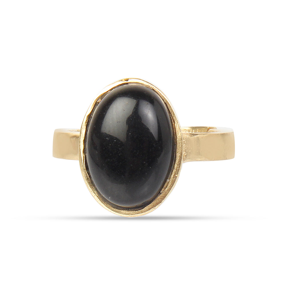 Natural Black Onyx (Sulemani Hakik) Gold-Plated Panchdhatu Ring Oval Cabochon, Adjustable Astrological Birthstone Ring for Protection (Men & Women)