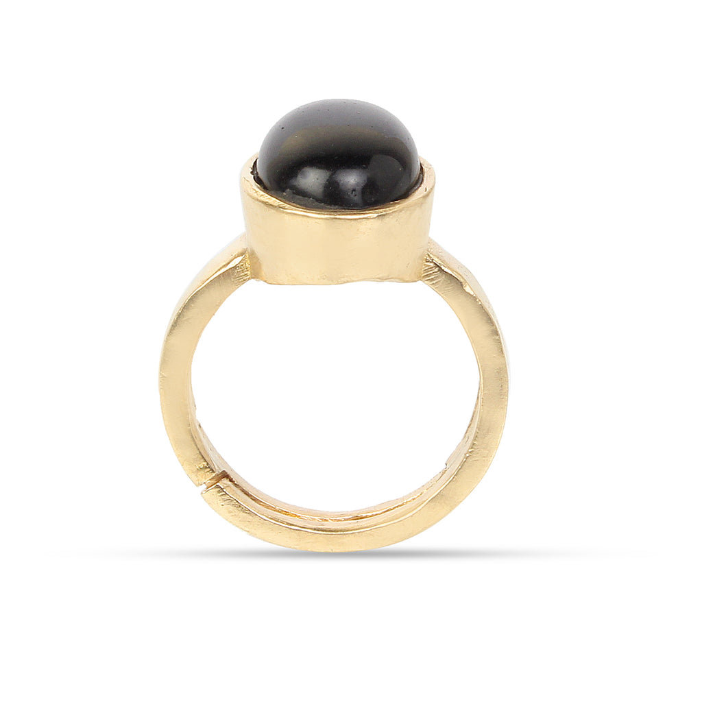 Natural Black Onyx (Sulemani Hakik) Gold-Plated Panchdhatu Ring Oval Cabochon, Adjustable Astrological Birthstone Ring for Protection (Men & Women)
