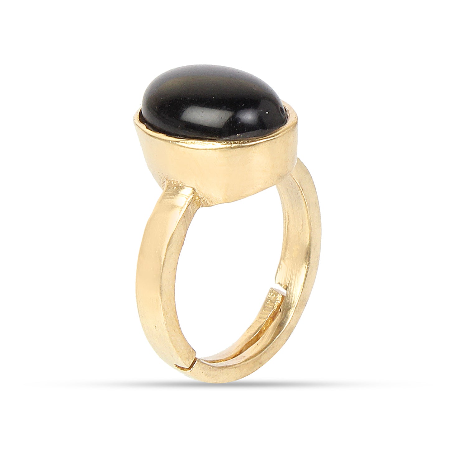 Natural Black Onyx (Sulemani Hakik) Gold-Plated Panchdhatu Ring Oval Cabochon, Adjustable Astrological Birthstone Ring for Protection (Men & Women)
