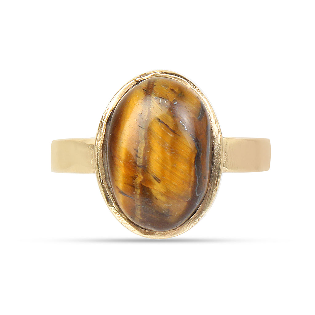 Natural Tiger’s Eye (Chitti) Gemstone Gold-Plated Panchdhatu Ring Oval Cabochon, Adjustable Astrological Birthstone Ring for Confidence Prosperity Protection (Men & Women)