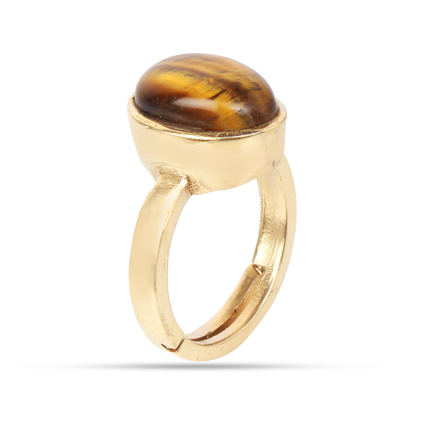 Natural Tiger’s Eye (Chitti) Gemstone Gold-Plated Panchdhatu Ring Oval Cabochon, Adjustable Astrological Birthstone Ring for Confidence Prosperity Protection (Men & Women)