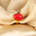 Natural Red Coral (Moonga) Gemstone Gold-Plated Panchdhatu Ring Oval Cut, Adjustable Vedic Astrology Birthstone Ring for Men & Women