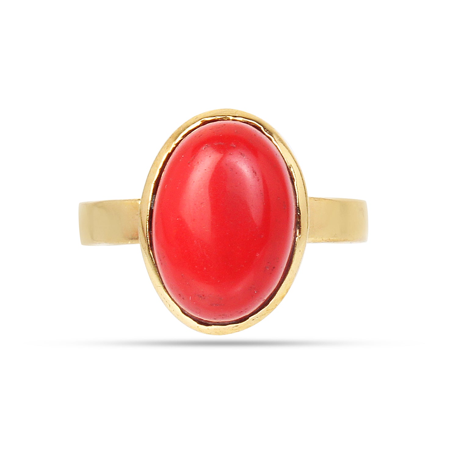 Natural Red Coral (Moonga) Gemstone Gold-Plated Panchdhatu Ring Oval Cut, Adjustable Vedic Astrology Birthstone Ring for Men & Women