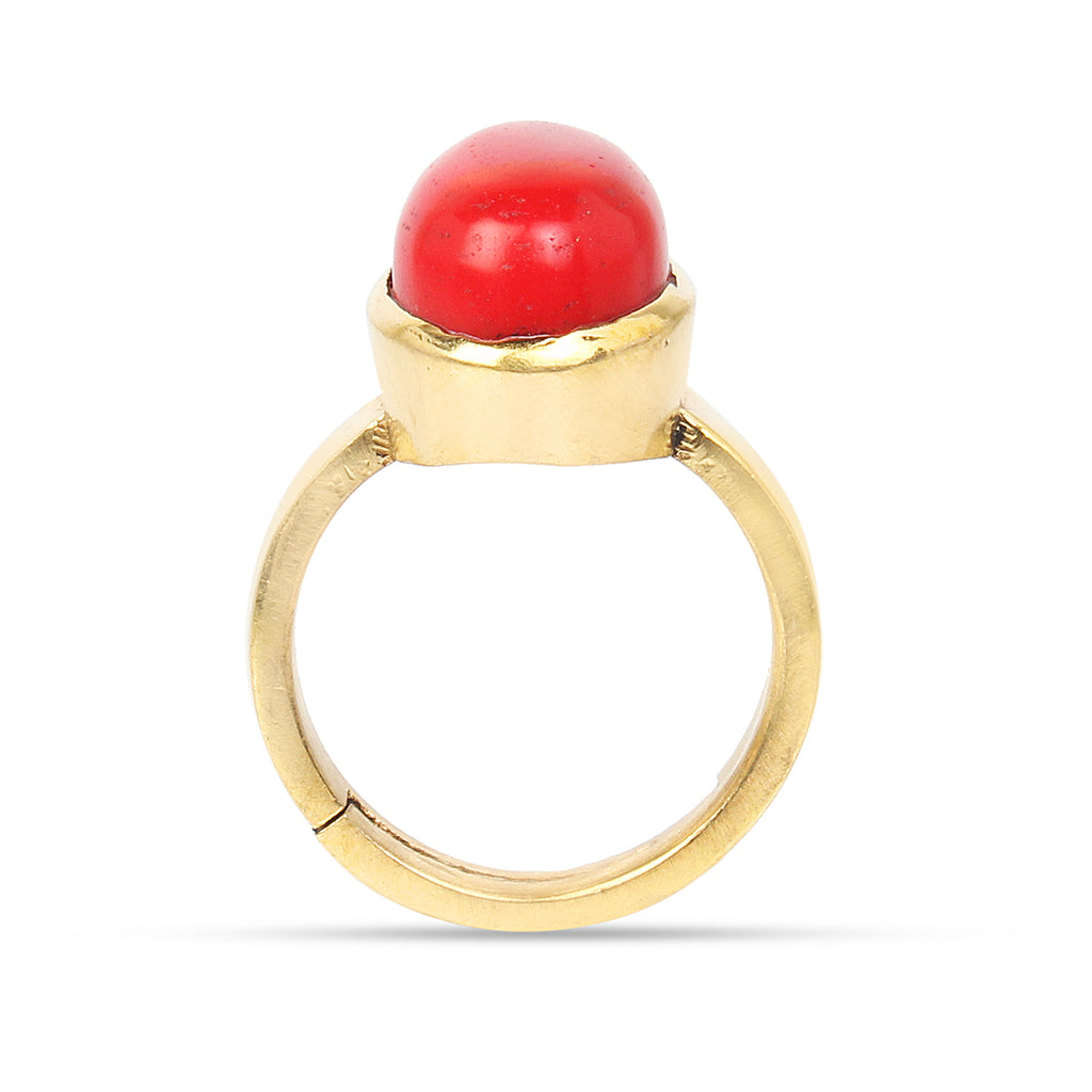Natural Red Coral (Moonga) Gemstone Gold-Plated Panchdhatu Ring Oval Cut, Adjustable Vedic Astrology Birthstone Ring for Men & Women