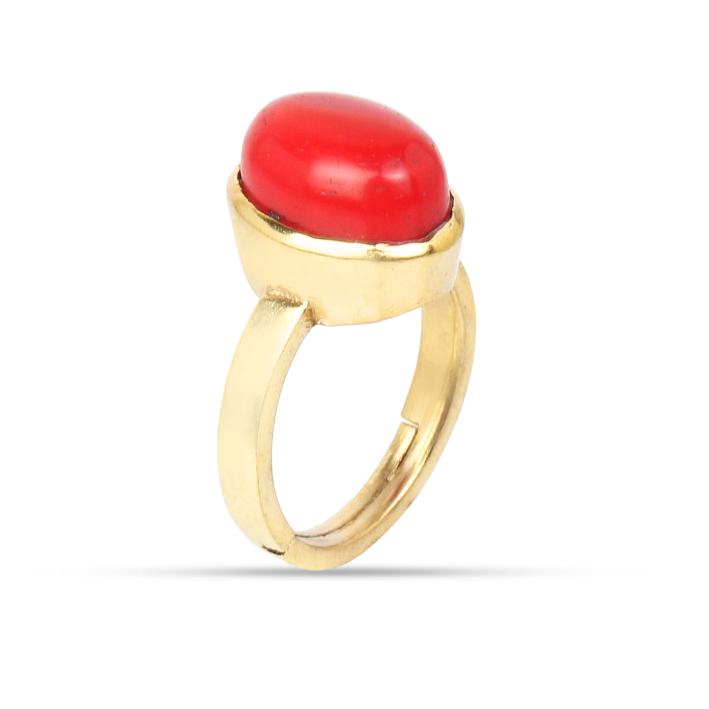 Natural Red Coral (Moonga) Gemstone Gold-Plated Panchdhatu Ring Oval Cut, Adjustable Vedic Astrology Birthstone Ring for Men & Women