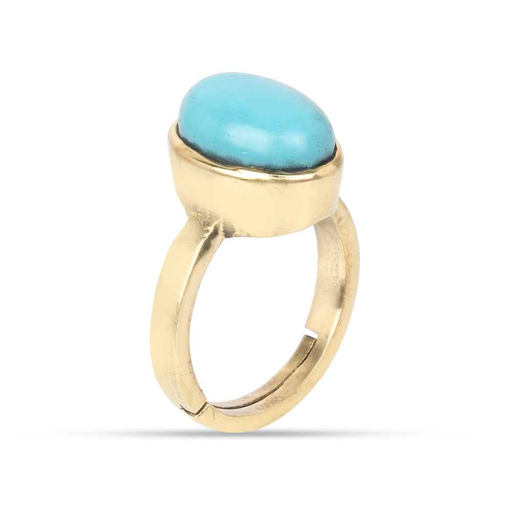 Premium Natural Turquoise (Firoza) Gemstone Ring Gold Plated Brass Oval Cut, Adjustable Astrological Ring for Protection & Prosperity (Unisex)