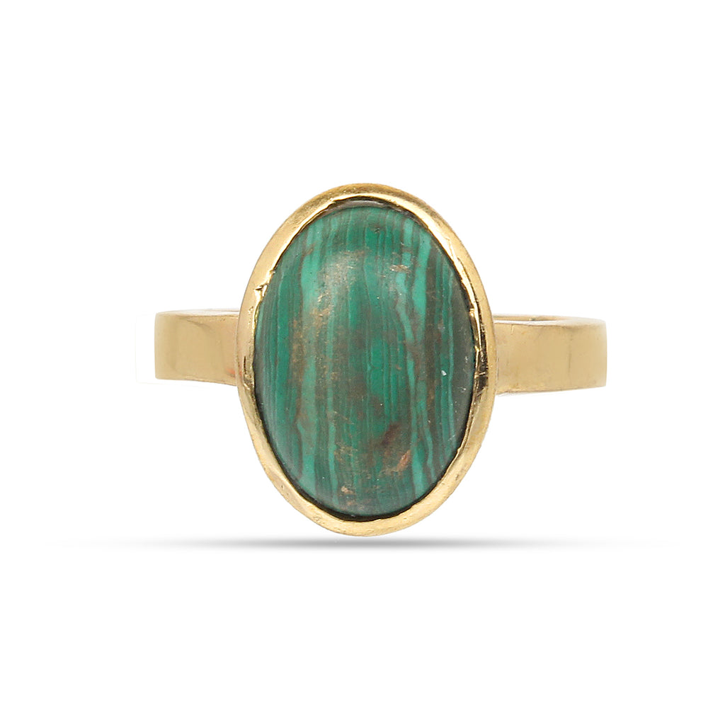 Natural Malachite (Danafirang) Gemstone Ring Gold-Plated Panchdhatu Oval Cabochon, Adjustable Astrologica Ring for Protection & Heart Healing (Unisex)