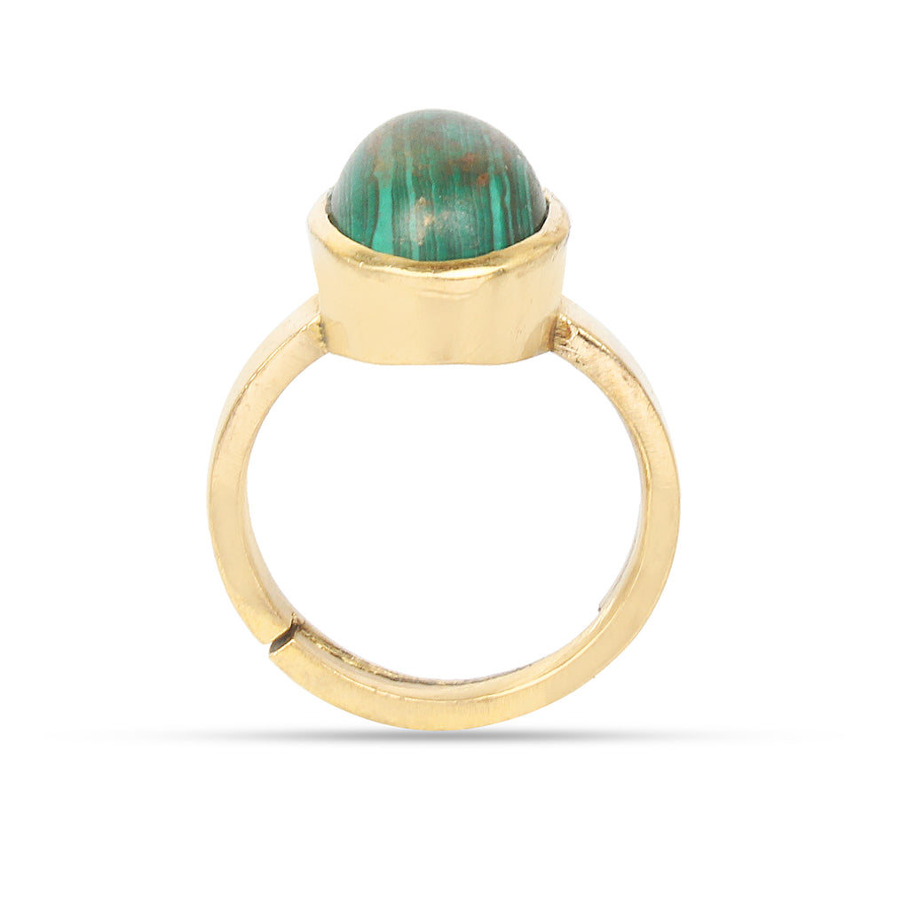 Natural Malachite (Danafirang) Gemstone Ring Gold-Plated Panchdhatu Oval Cabochon, Adjustable Astrologica Ring for Protection & Heart Healing (Unisex)